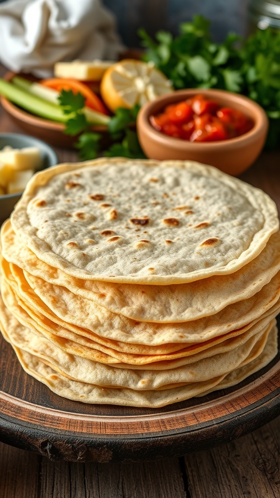 Three-in-One Tortillas Recipe A stack of homemade tortillas on a wooden table with fresh ingredients for tacos and quesadillas.